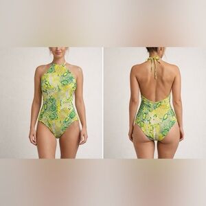Vero Moda Green and Yellow Patterned One Piece Swimsuit